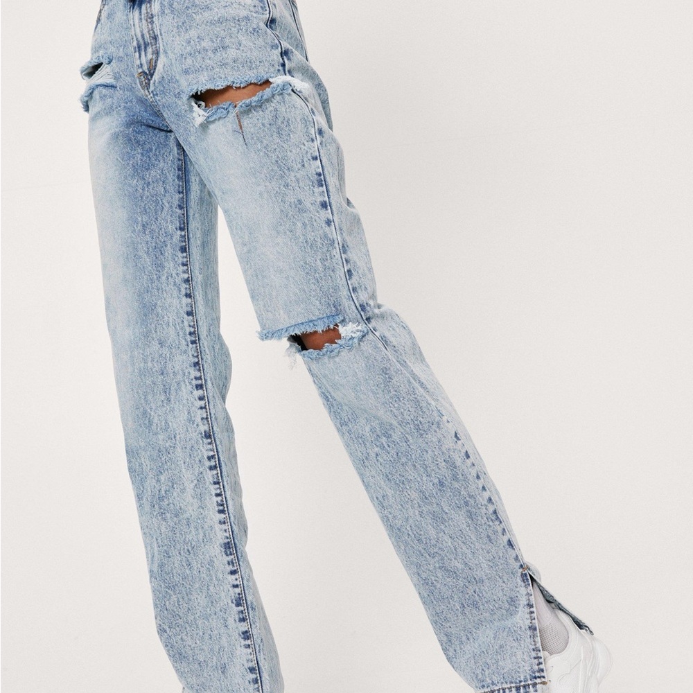 Nasty Gal Split Hem Distressed Straight Leg Jeans